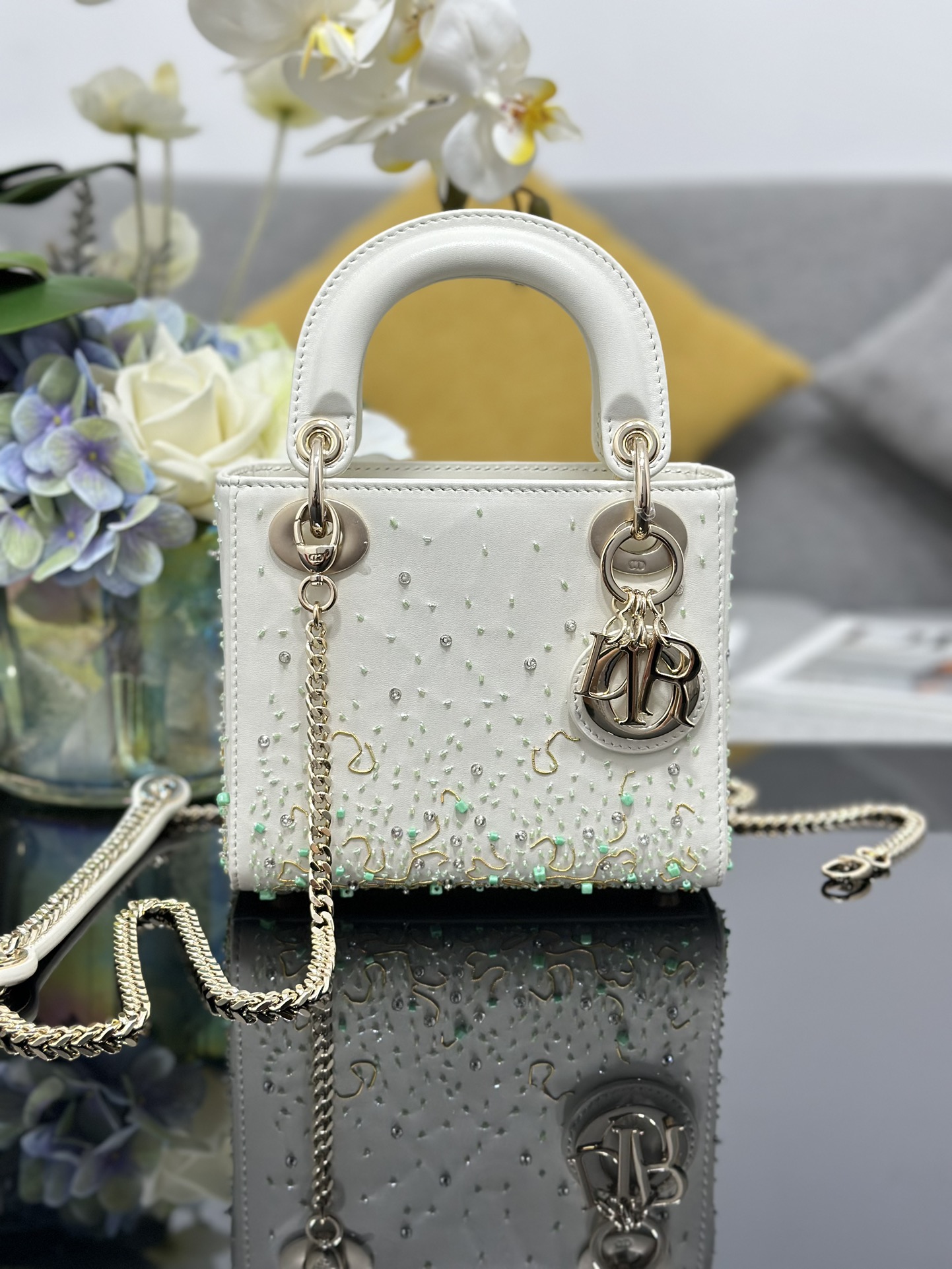 Mini Lady Dior Bag White Calfskin Embroidered with Mint Green Bead